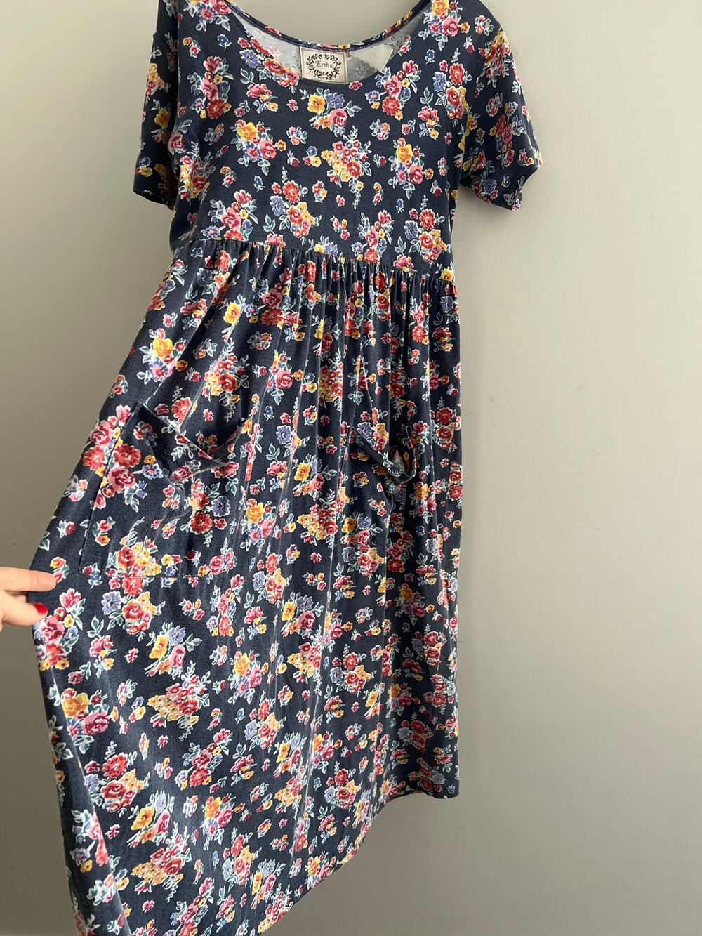 Vintage Long T-Shirt Dress Navy Blue Pink Yellow Floral Medium JL